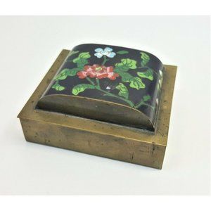 Vintage Chinese Peony Cloisonné Enamel & Brass Trinket Box 3¼"x2¾"x1½" Asian